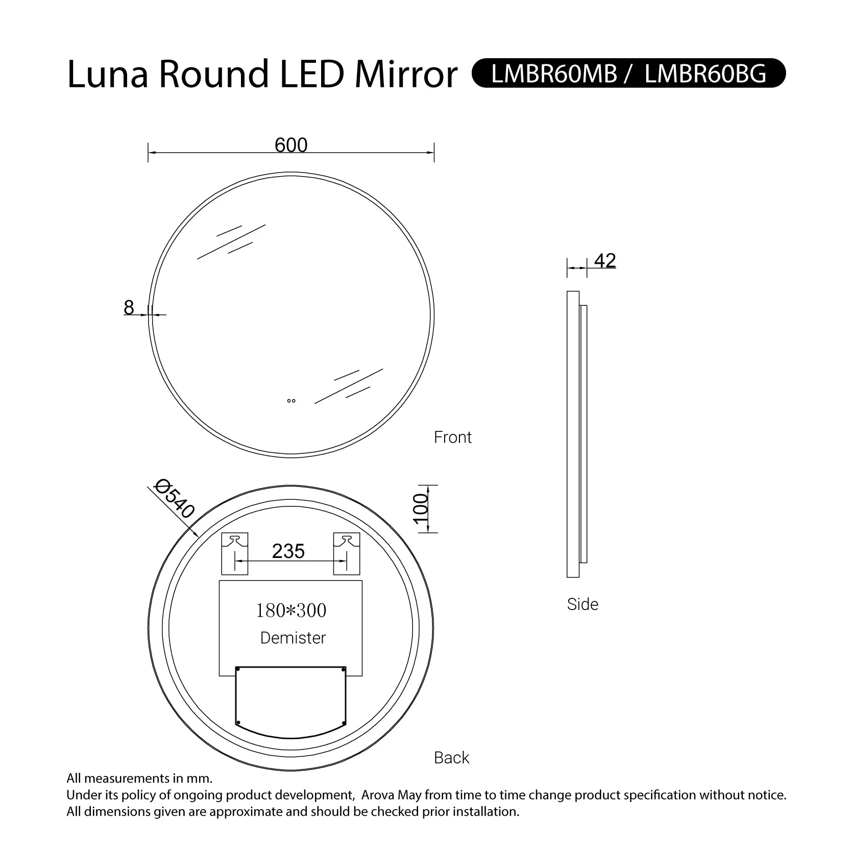 Luna 600mm Gold Frame Anti-Fog Dimmable Led Bathroom Mirror Round
