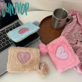 Lunivop Cute Love Wallets for Women Plush Small Fashion Elegant Short Wallet Aesthetic Literary Exquisite Ladies New Pretty Purses