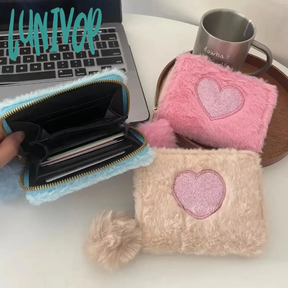 Lunivop Cute Love Wallets for Women Plush Small Fashion Elegant Short Wallet Aesthetic Literary Exquisite Ladies New Pretty Purses