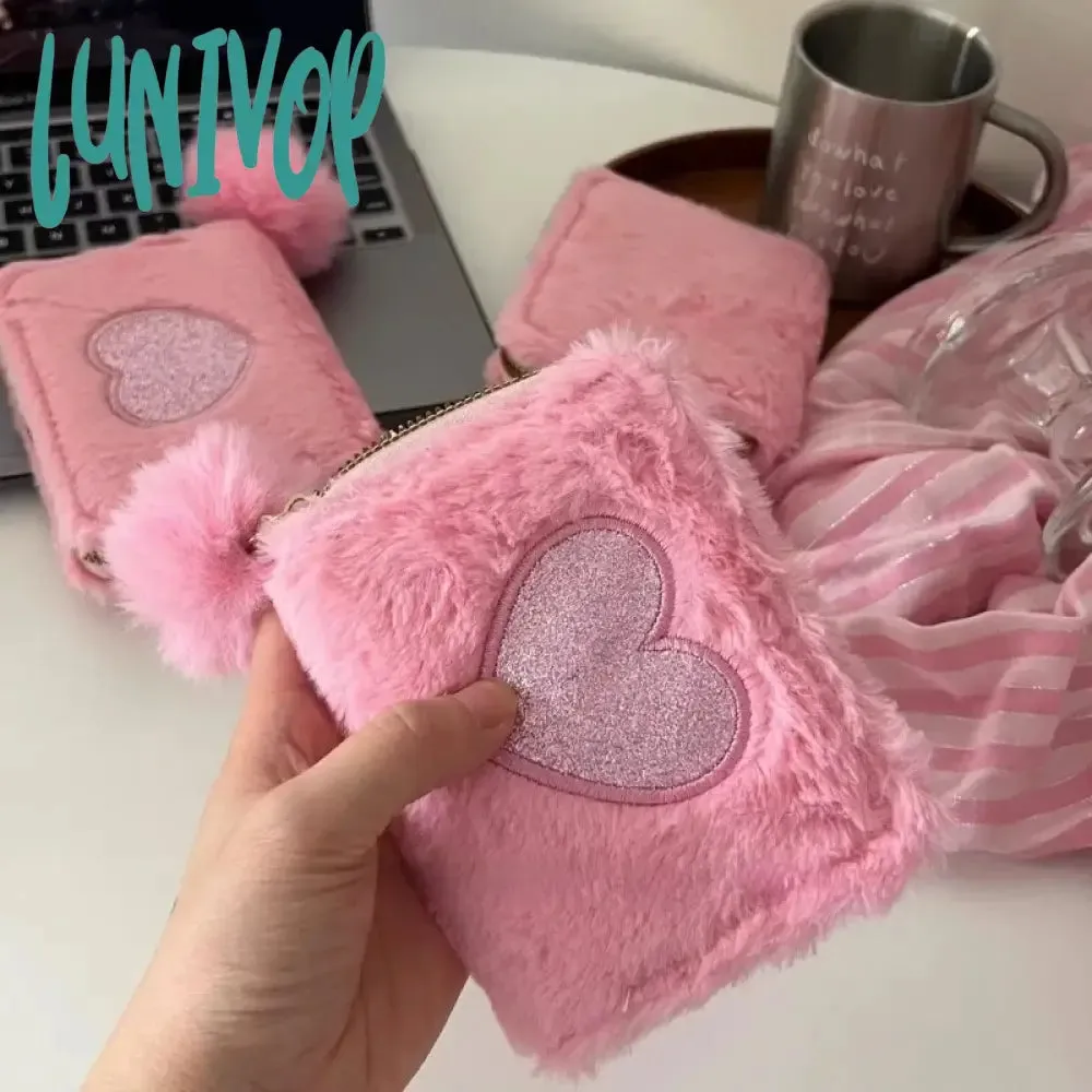 Lunivop Cute Love Wallets for Women Plush Small Fashion Elegant Short Wallet Aesthetic Literary Exquisite Ladies New Pretty Purses