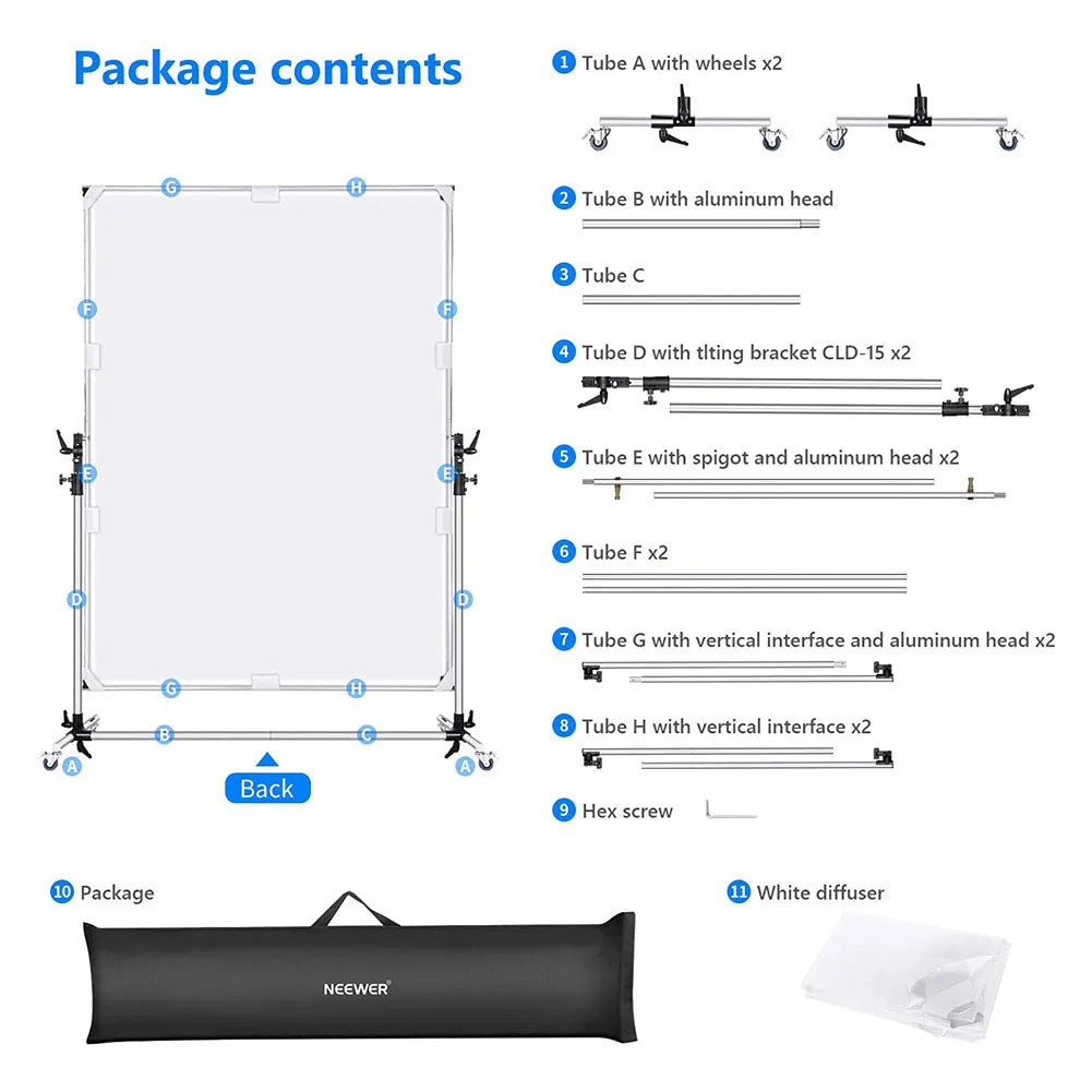Neewer Medium Overhead Fold Away Diffuser Frame & Wheel Stands (140cm x 200cm) - DEMO