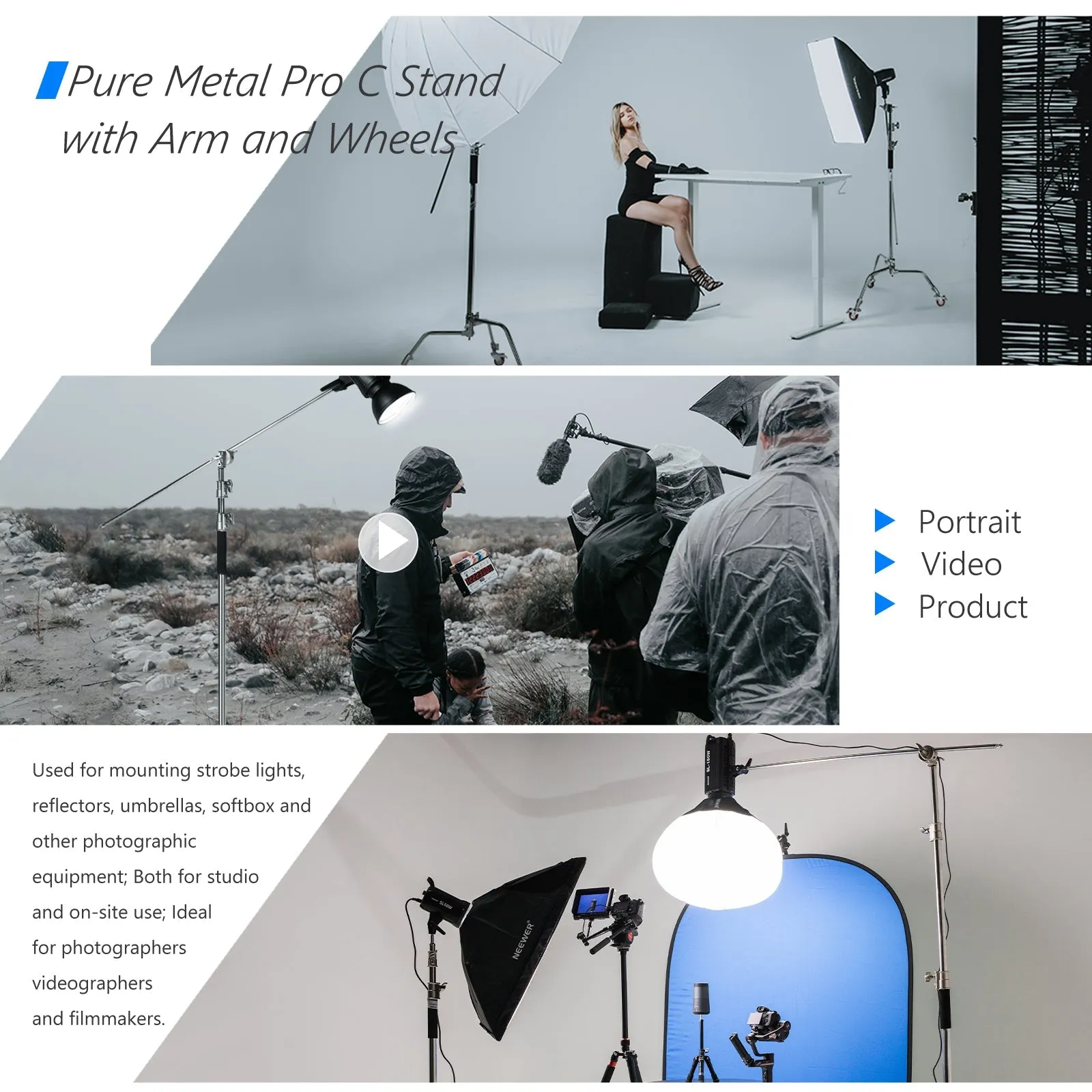 NEEWER SC330W 335cm Metal C Stand Light Stand With Wheels