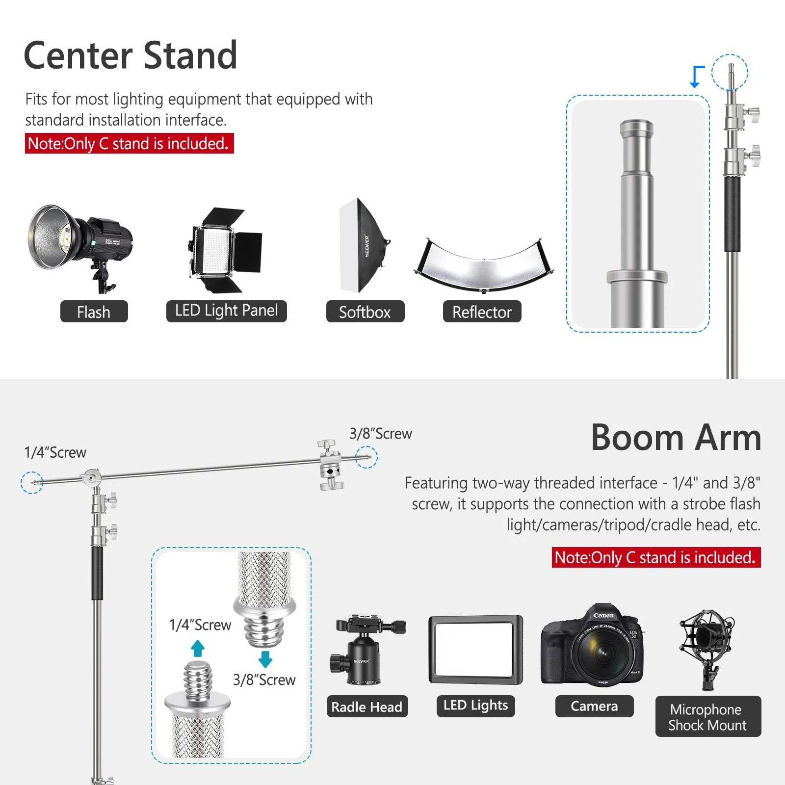 NEEWER SC330W 335cm Metal C Stand Light Stand With Wheels