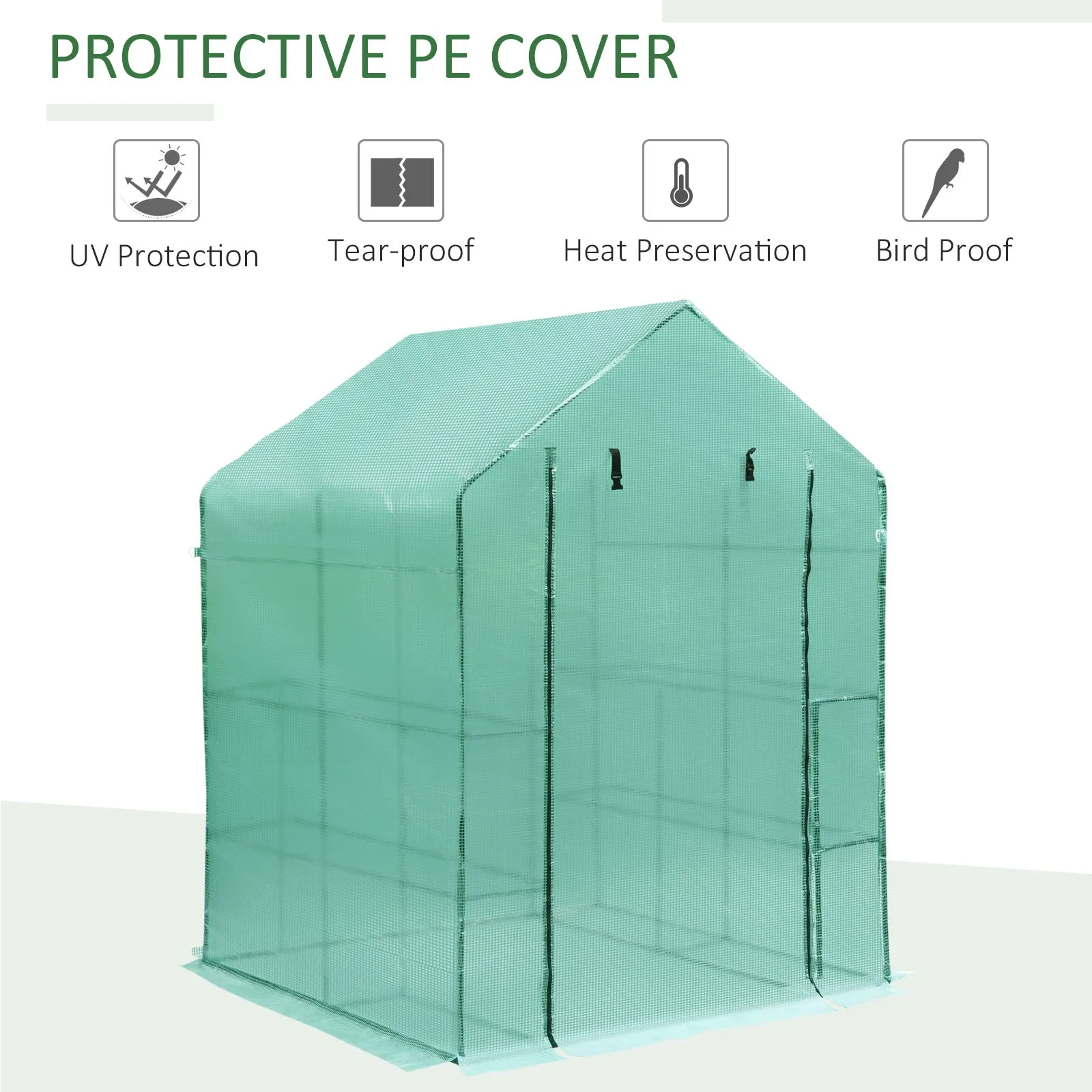 Outsunny 143x143x195 cm Walk in Greenhouse with Shelves-Dark Green