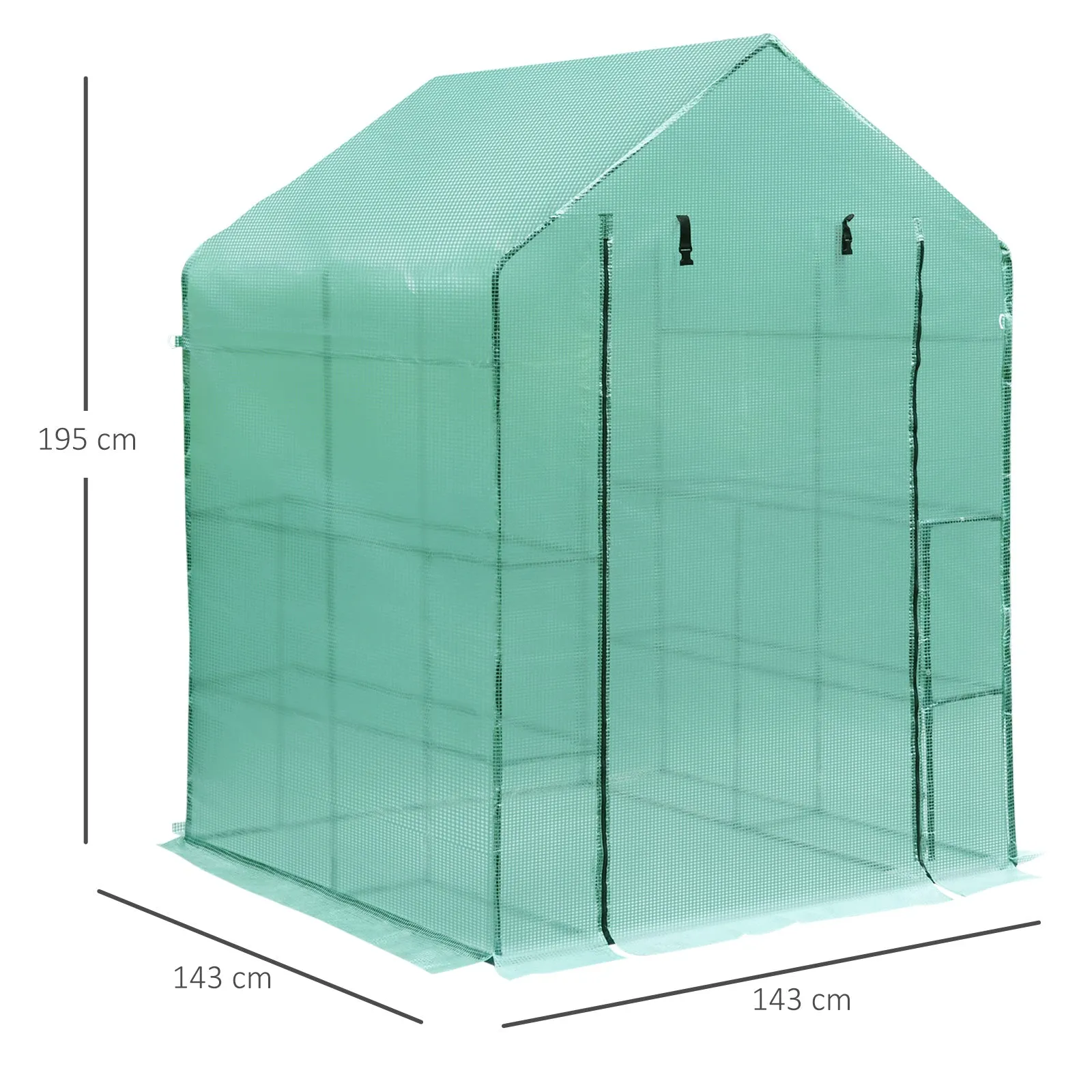 Outsunny 143x143x195 cm Walk in Greenhouse with Shelves-Dark Green