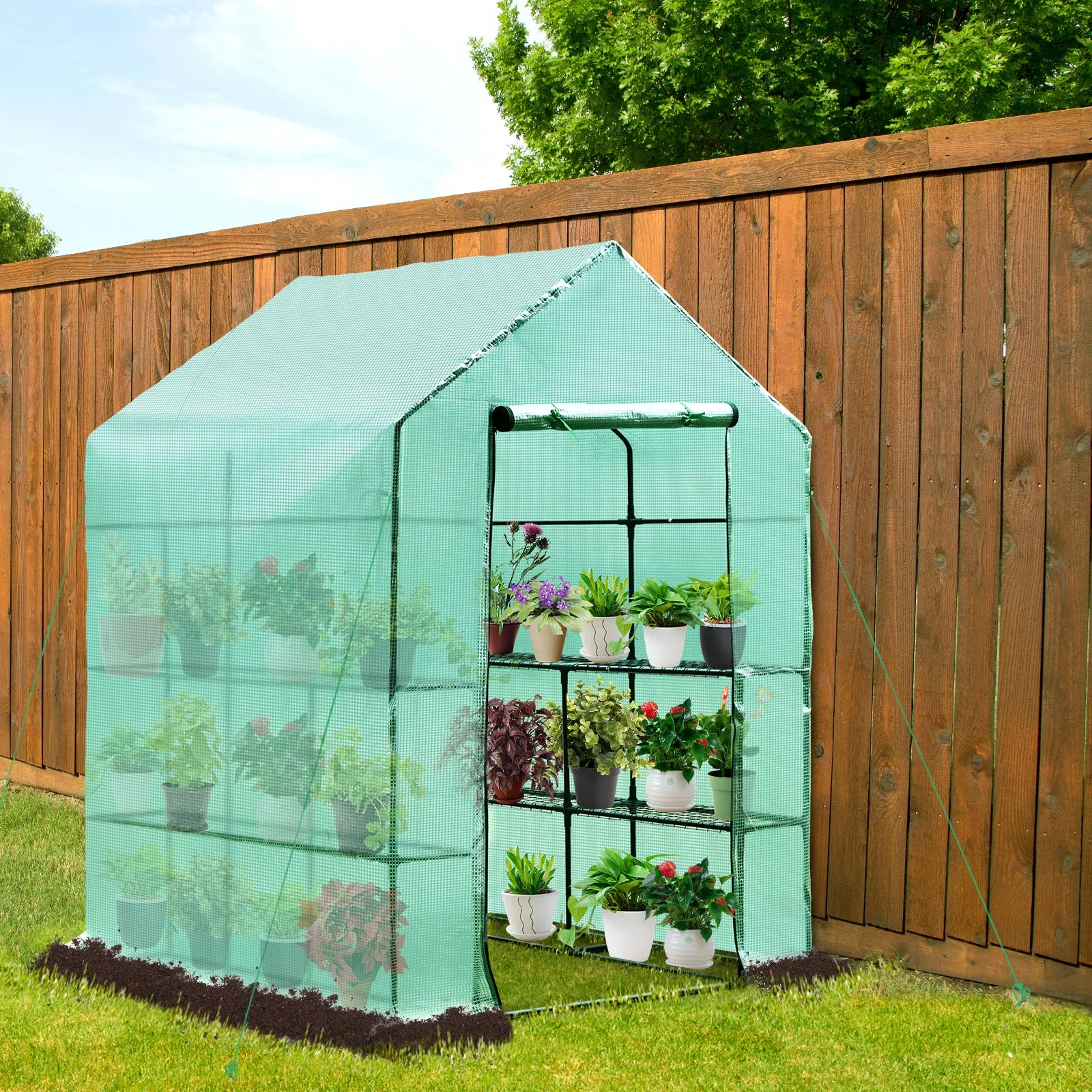 Outsunny 143x143x195 cm Walk in Greenhouse with Shelves-Dark Green