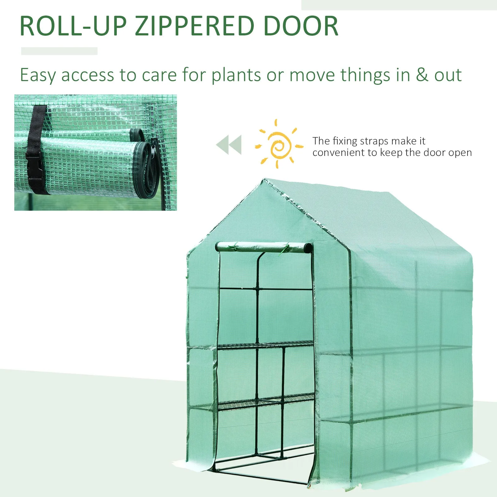 Outsunny 143x143x195 cm Walk in Greenhouse with Shelves-Dark Green