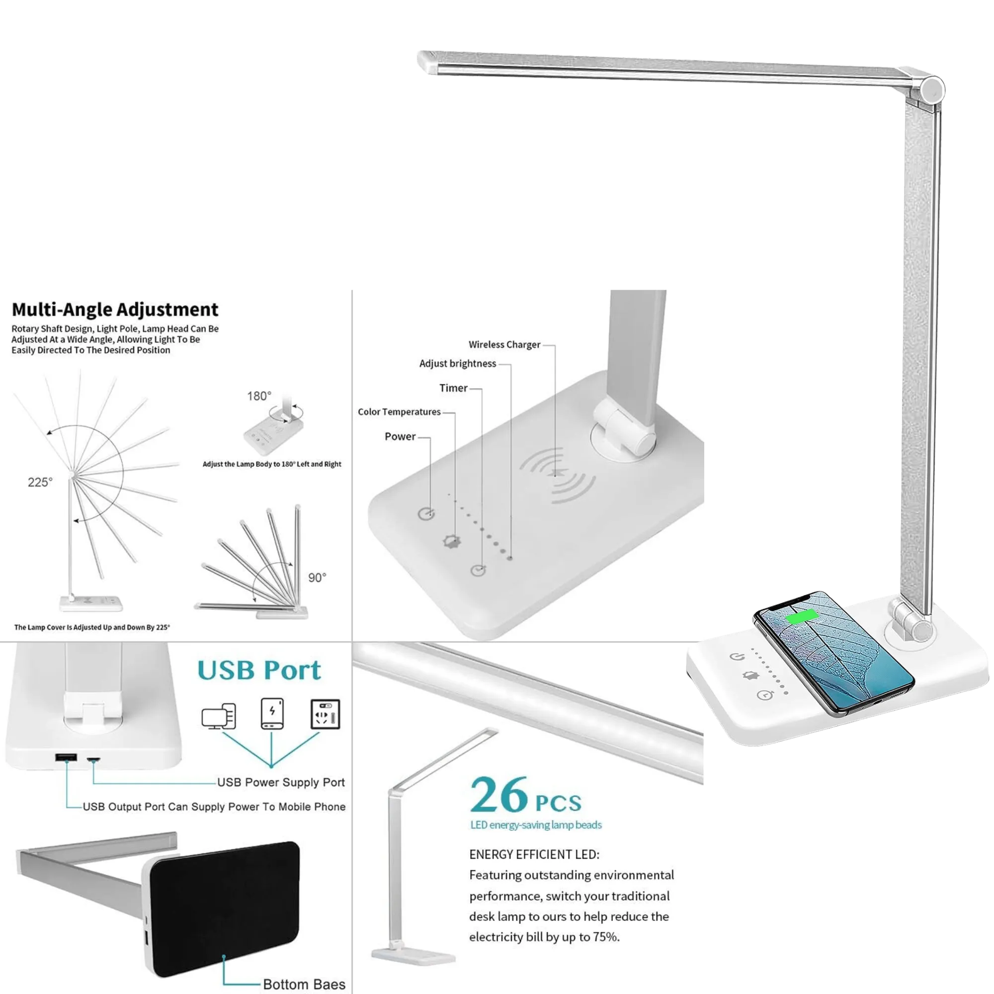 Oxylops LED Desk Lamp | Touch-Dimmable Lamp with USB Charging Port, Timer Function, Foldable Lamp