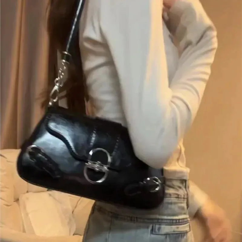 UAKISS  -   Vintage Pink Shoulder Bags Women High Street Elegant Leather Y2k Handbag Female Retro Casual Crossbody Bags Bolsos Chic