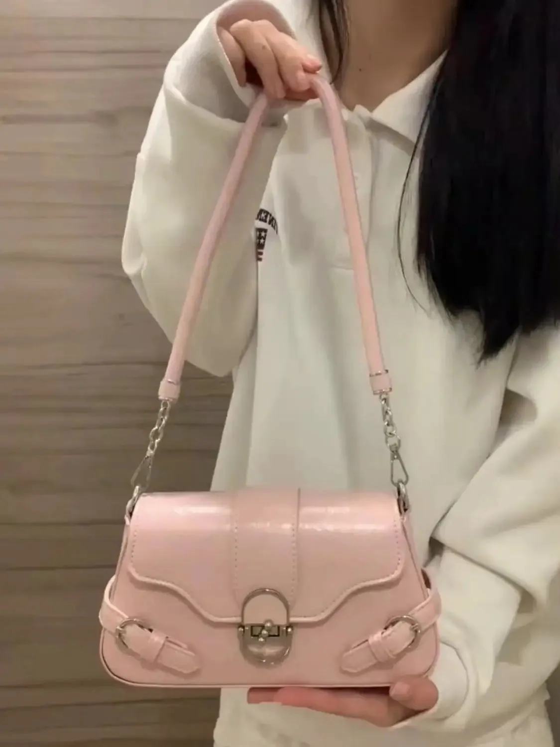 UAKISS  -   Vintage Pink Shoulder Bags Women High Street Elegant Leather Y2k Handbag Female Retro Casual Crossbody Bags Bolsos Chic