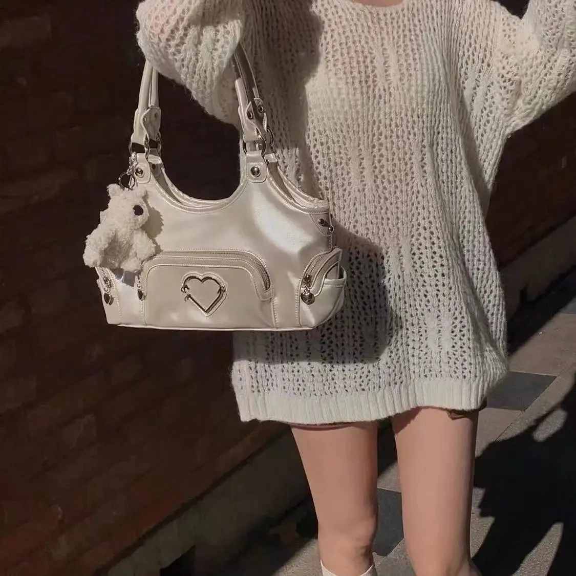 UAKISS  -  White Gothic Handbags for Women Fashion High Street Girl Y2k Motorbike Bag Large Capacity Underarm PU Leather Bags