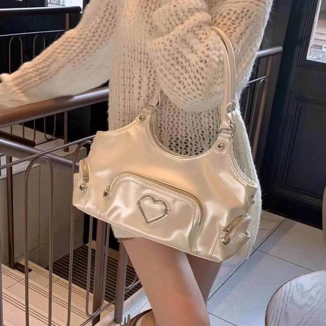 UAKISS  -  White Gothic Handbags for Women Fashion High Street Girl Y2k Motorbike Bag Large Capacity Underarm PU Leather Bags