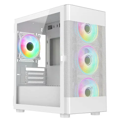 Vida Zephyr White ARGB Gaming PC Case w/ Glass Window, Micro ATX, 4x ARGB Fans, Mesh Front