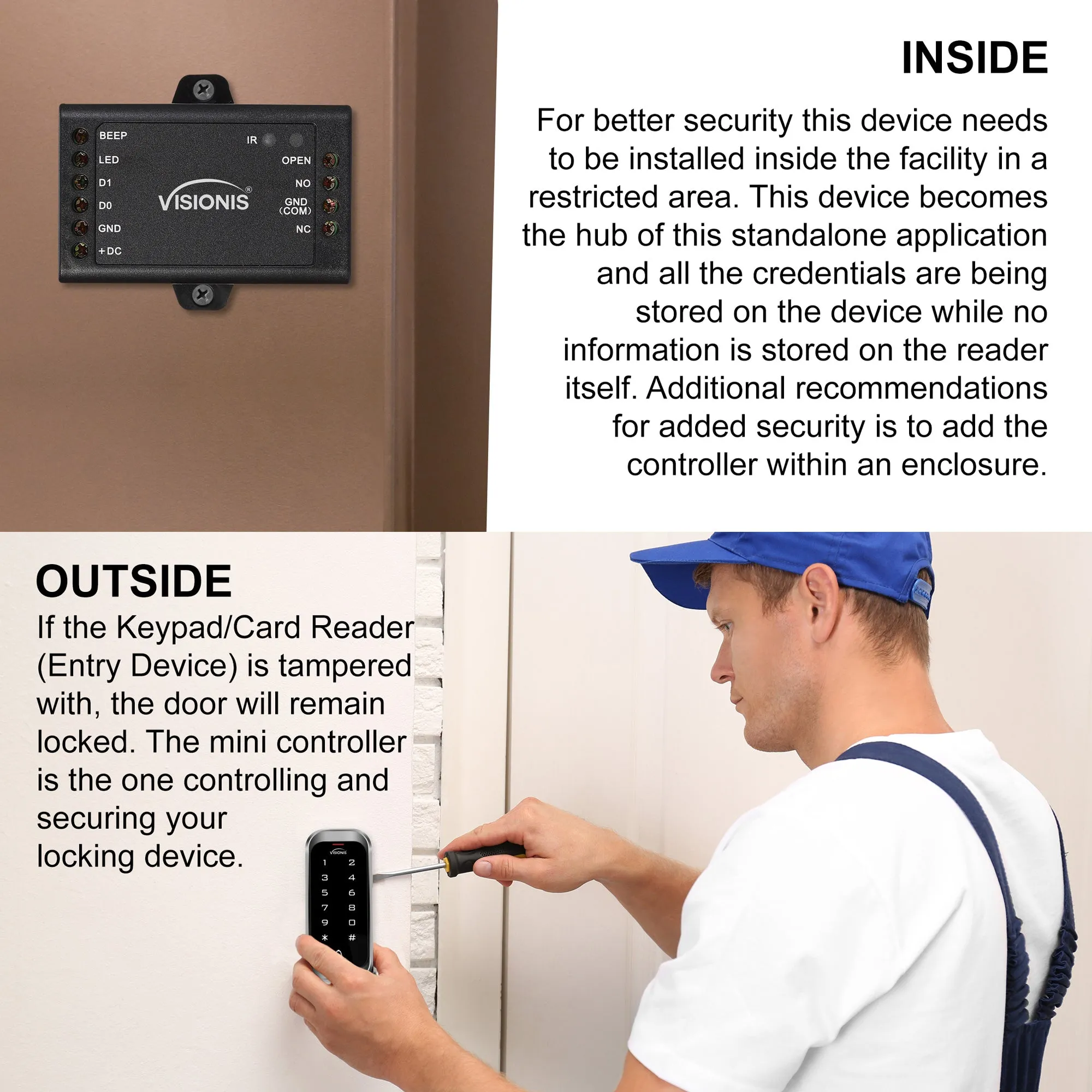 Visionis FPC-5489 One Door Access Control 770lbs Electric Strike Fail Secure   Outdoor Keypad/Reader Standalone With Mini Controller   Wiegand 26, No Software, EM Card, Wireless Receiver   PIR Kit