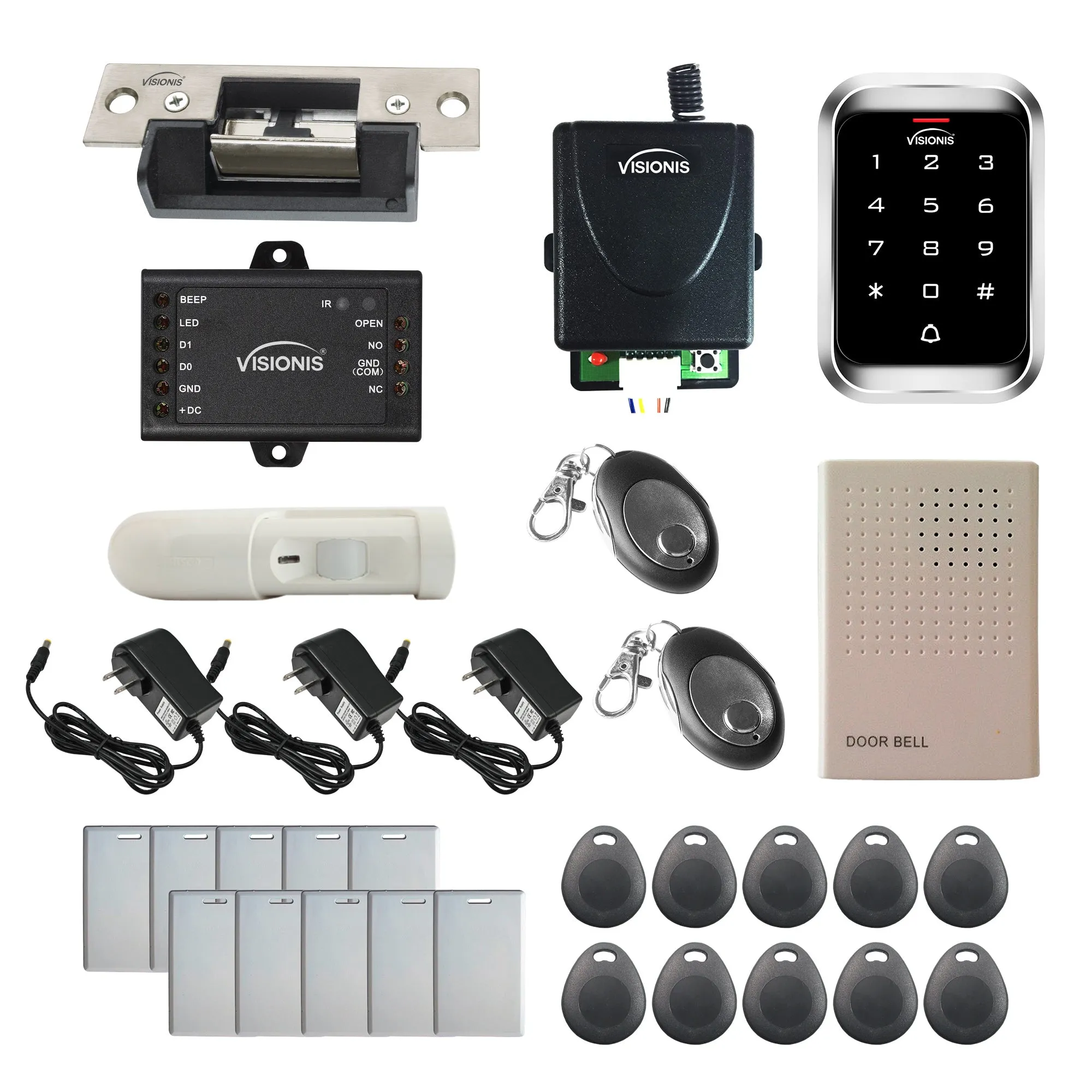 Visionis FPC-5489 One Door Access Control 770lbs Electric Strike Fail Secure   Outdoor Keypad/Reader Standalone With Mini Controller   Wiegand 26, No Software, EM Card, Wireless Receiver   PIR Kit