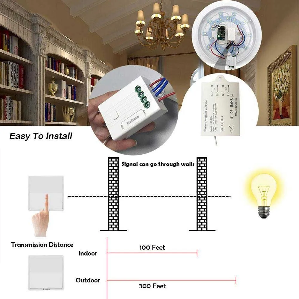 Wireless Light Switch Kit, 1 Gang Switch   100W RF Dimmable Receiver